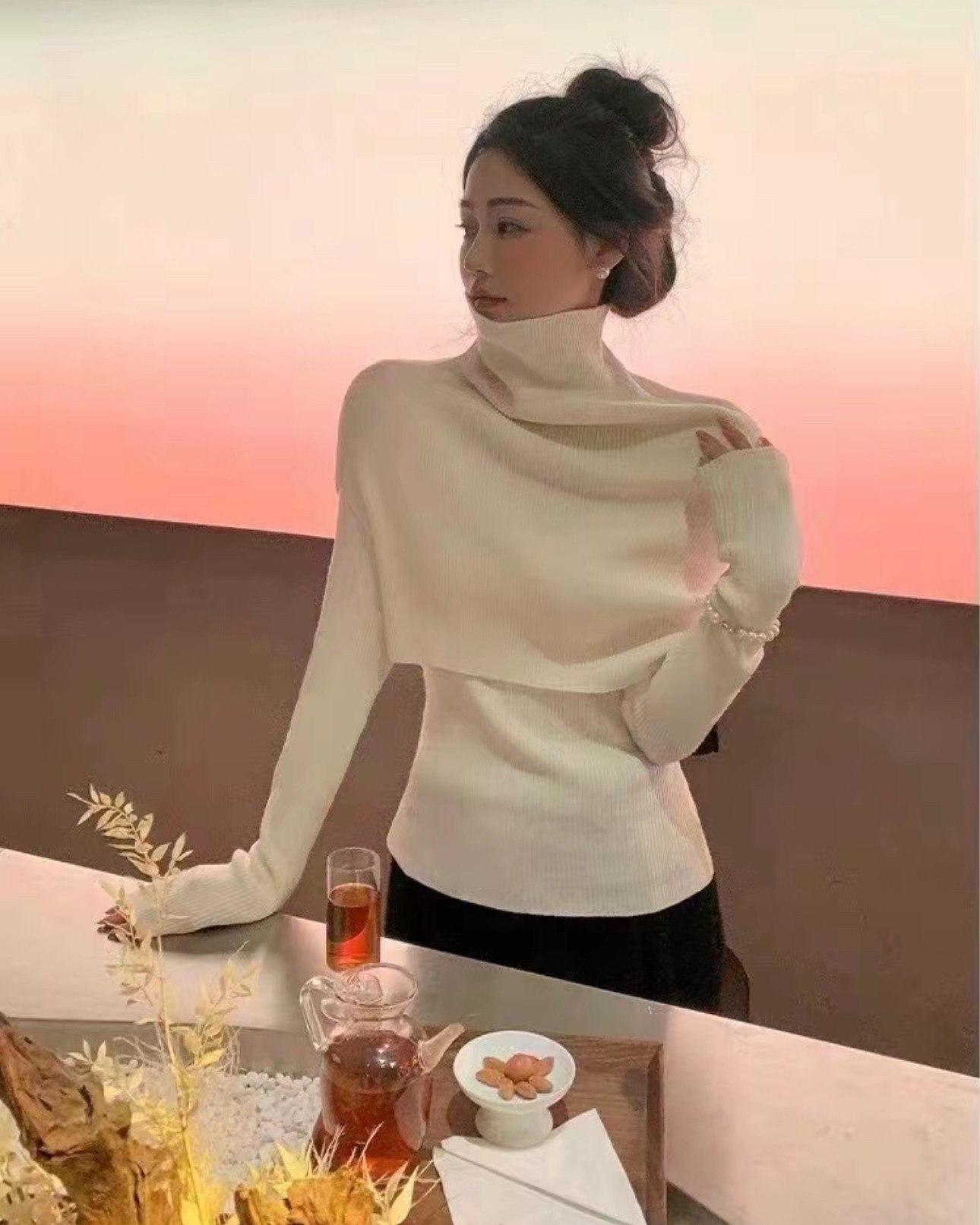 含羊绒披肩毛衣两件套女高级感气质简约纯色高领叠穿斗篷打底套装