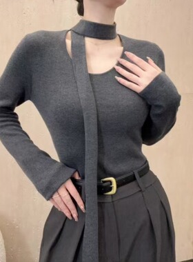 纯欲性感灰色V领飘带挂脖长袖针织衫女秋冬气质修身内搭打底上衣