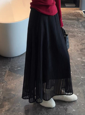 正版！高端优雅长款高级感黑色百褶长裙半身裙温柔百搭细褶裙子女