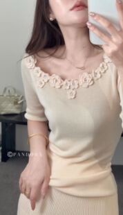 高端法式26春夏新款时尚圆领短袖针织衫女修身显瘦打底衫T恤上衣