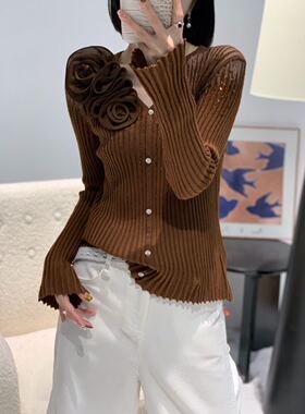 欧货正品25早秋新款时尚百搭显瘦V领立体花朵羊毛针织开衫外套女