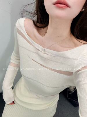 2026 法式轻奢 正版含羊毛一字肩针织衫女春季新款修身显瘦打底衫