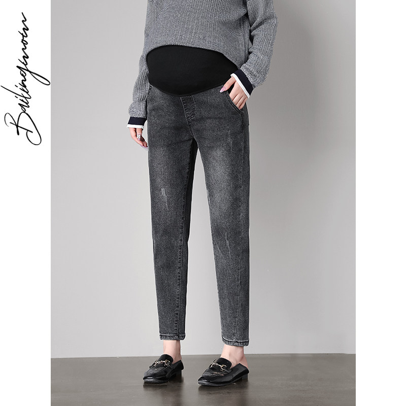 孕妇牛仔裤春秋潮妈外穿薄款大码宽松时尚秋季九分直筒裤韩版长裤