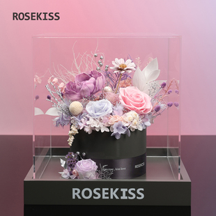 ROSEKISSE永生花玫瑰真花束摆件高级礼盒中秋情人节生日新婚礼物