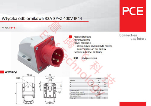 PCE反向固定式工业防水插头电焊机插头380V-32A-4芯-IP44-Typ524