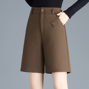 中裤 阔腿直筒裤 咖色毛呢短裤 2025宽松高腰休闲五分裤 女秋冬季 西装