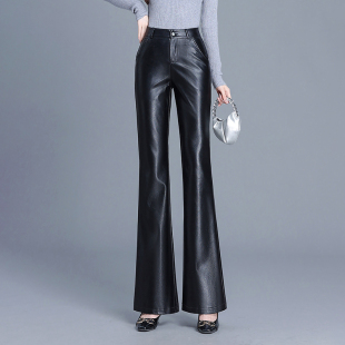 女修身 皮裤 皮长裤 高腰显瘦时尚 高腰显瘦2025秋冬新款 咖色微喇叭裤