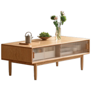 源氏木语百伦沙实木茶几现代简约客厅橡木岩板茶台家用储物茶桌