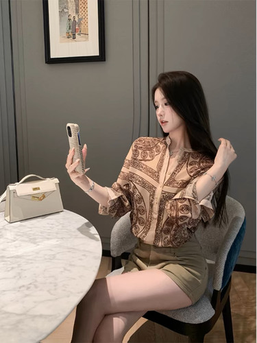 网红同款【老钱松弛感】棕咖色定位老花圆领长袖衬衫复古衬衣上衣