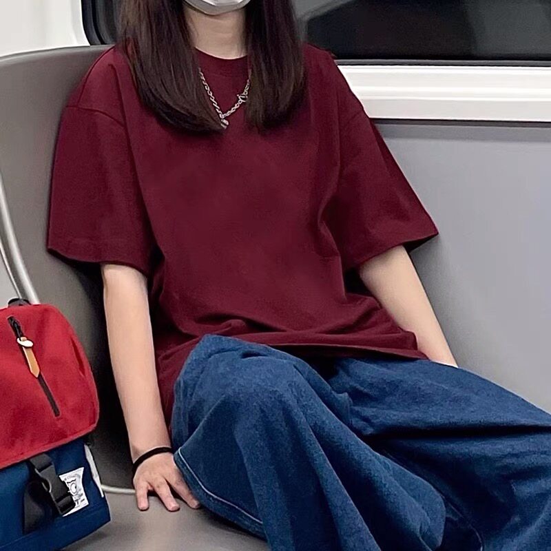 复古美式酒红色短袖t恤女夏季宽松慵懒风纯色情侣半袖体恤上衣