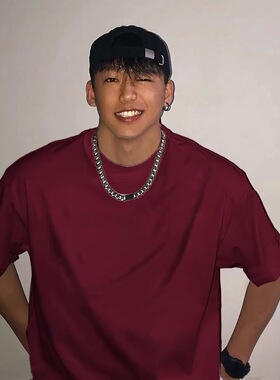 ins美式潮牌纯色260G重磅纯棉短袖T恤男夏季基础款酒红色打底上衣