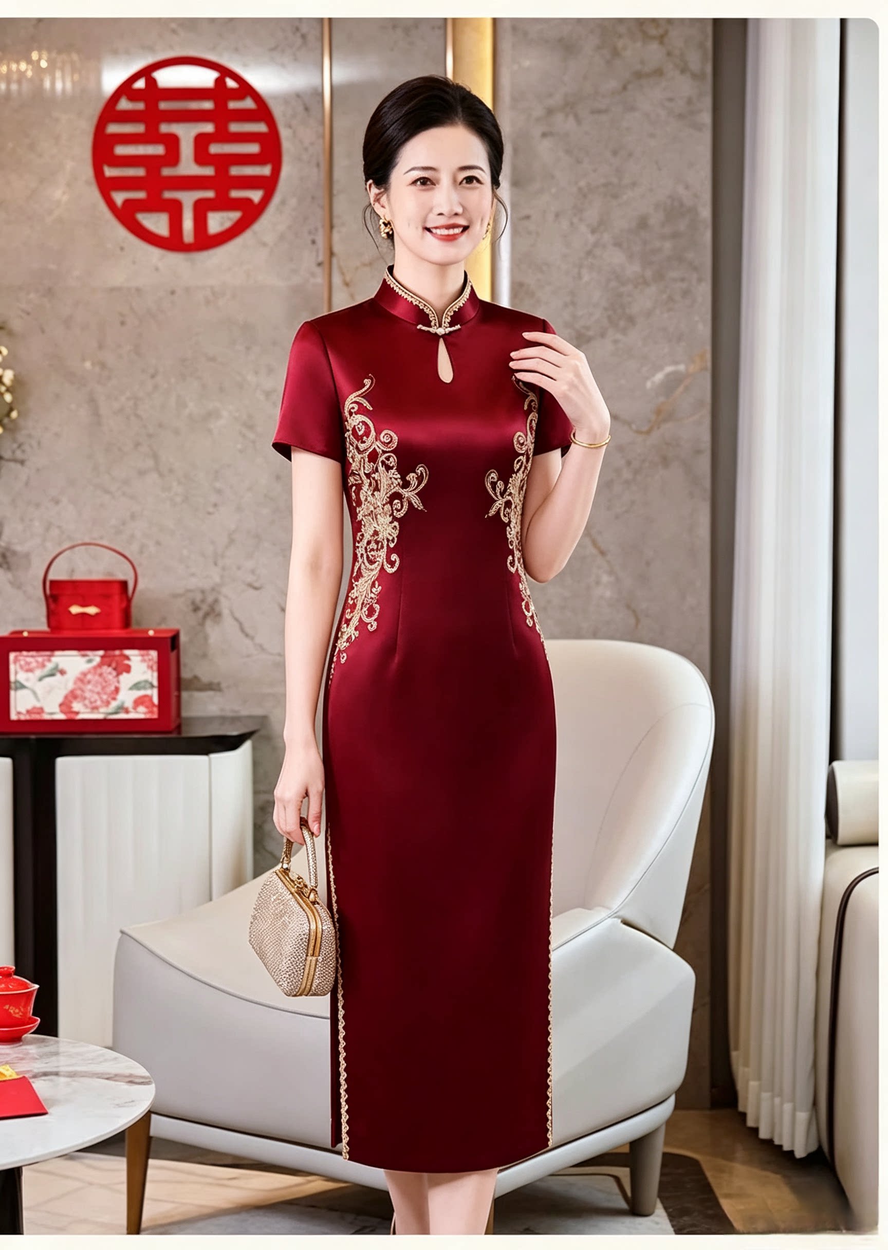 高定轻奢喜妈妈婚宴旗袍中式立领精致刺绣礼服喜婆婆宴会敬酒服