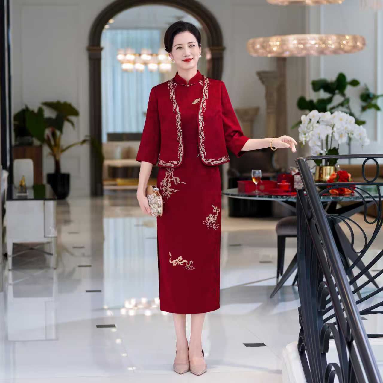 俏佳人高定轻奢喜婆婆喜妈妈礼服连衣裙搭重工刺绣外披新娘敬酒服