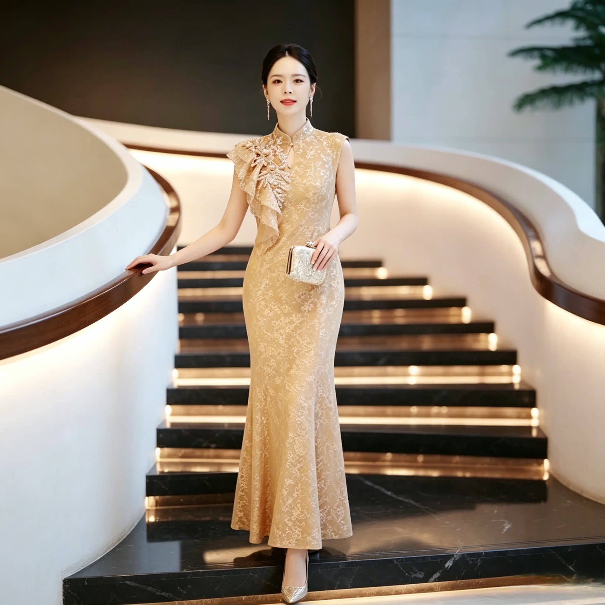 轻奢私人手工定制鱼尾旗袍华贵端庄婚宴妈妈礼服 宴会、主持人图片