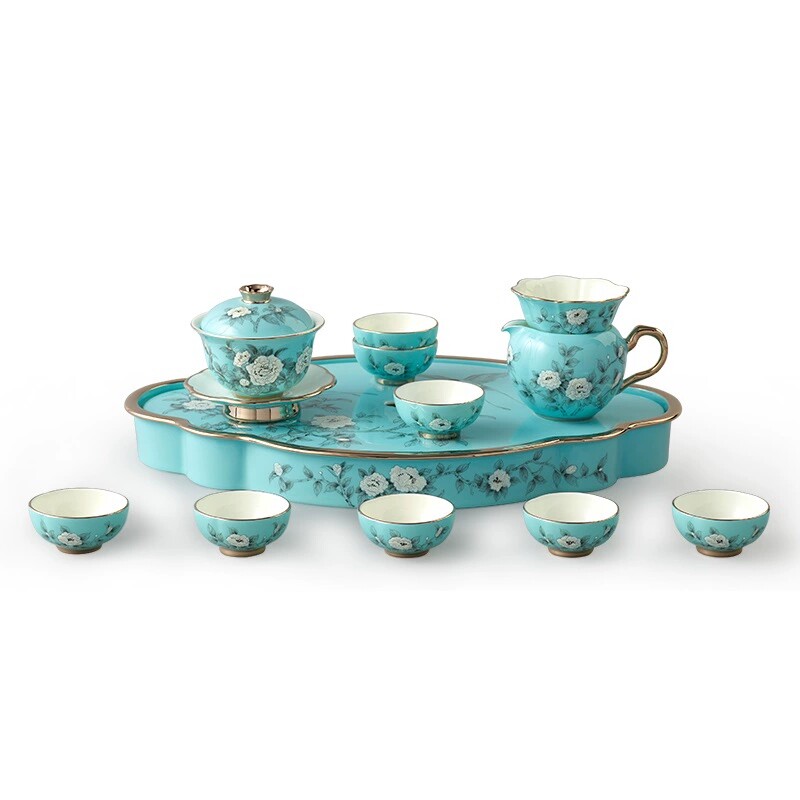 【高档奢侈礼品】永丰源夫人瓷手绘蓝 15头8人位功夫茶具正品保障