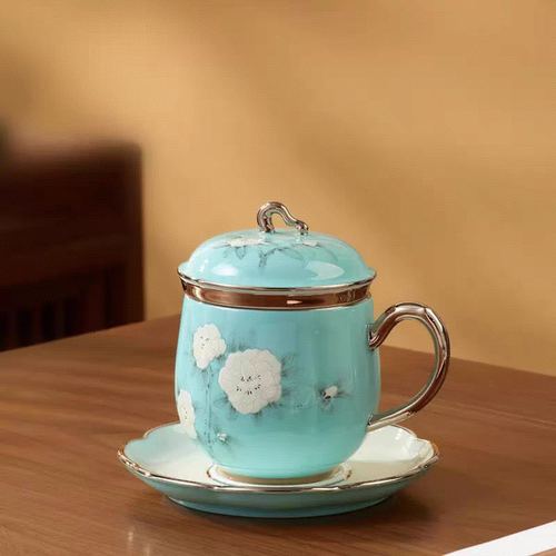 【瓷器中的精品】夫人瓷手绘蓝280ml四头盖杯 高档奢华 正品保障