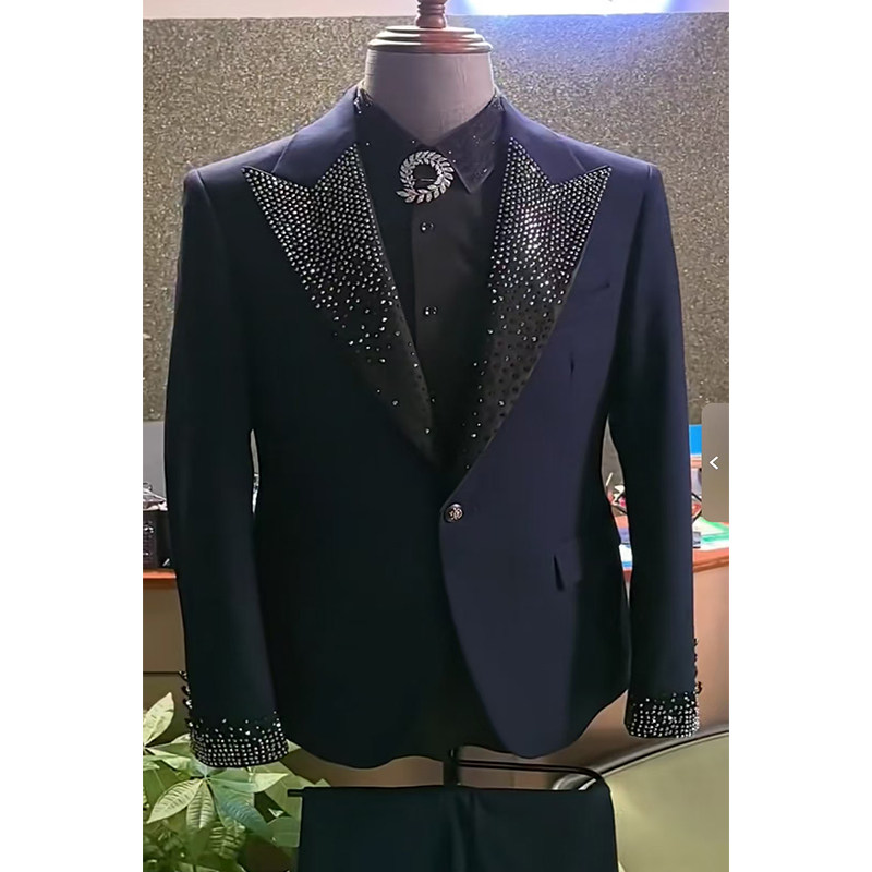 深蓝色主持人男士西服高级礼服西装唱歌指挥舞台表演服装西服套装