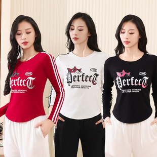 上衣广场舞服装 女士圆领拉条长袖 跳舞蹈服棉休闲运动健身跑步T恤