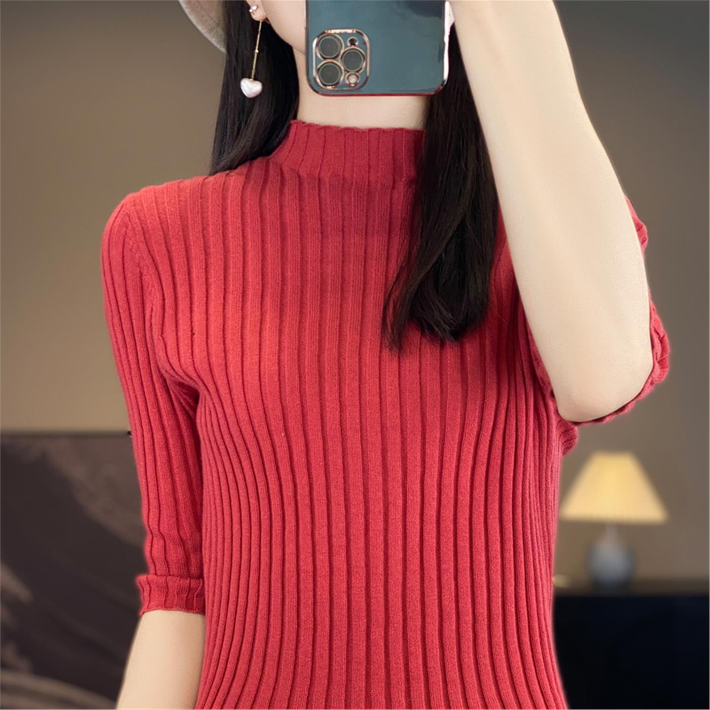 法式纯棉线五分袖针织打底衫女2025新款半高领套头半袖毛衣修身