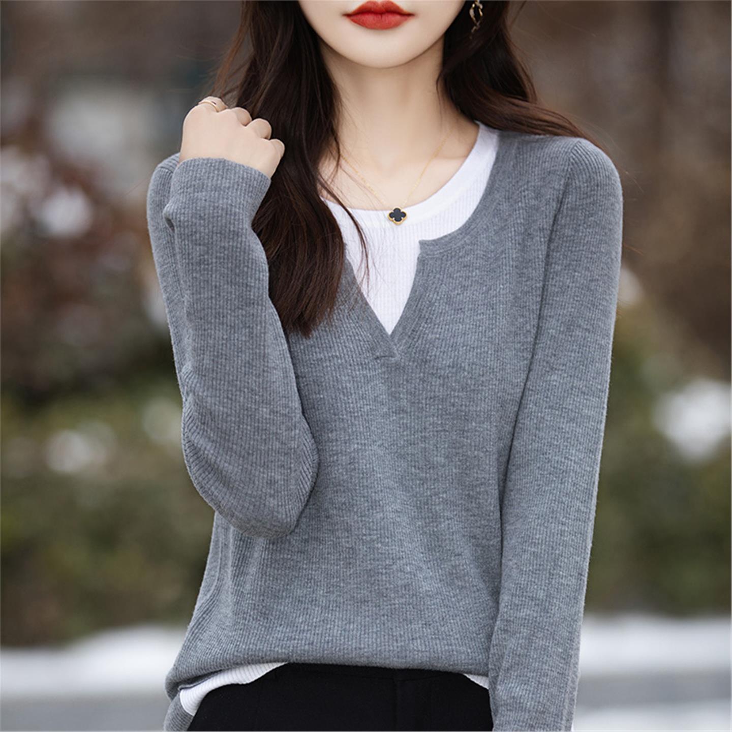 法式撞色假两件针织衫女2025新款内搭打底衫时尚洋气拼色精纺毛衫