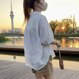 宽松遮肚防晒衣显瘦白衬衣 女2024春夏新款 衬衫 设计感小众条纹中袖