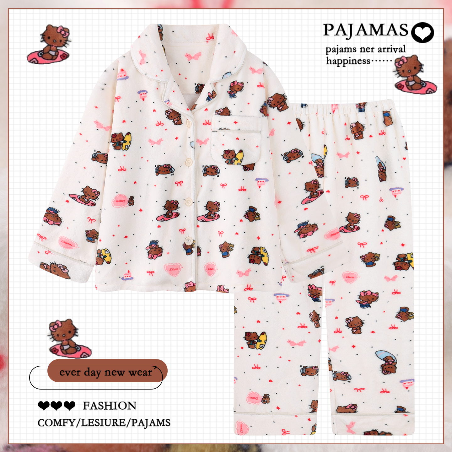 卡通kitty珊瑚绒睡衣女款秋冬季加绒加厚保暖学生法兰绒家居服冬