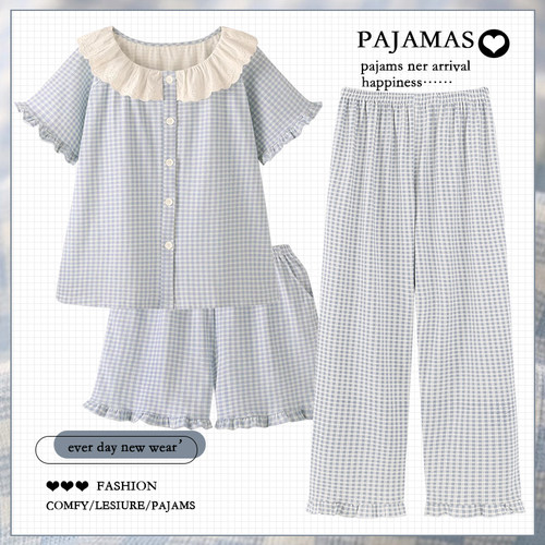 甜美格子三件套睡衣女款夏季