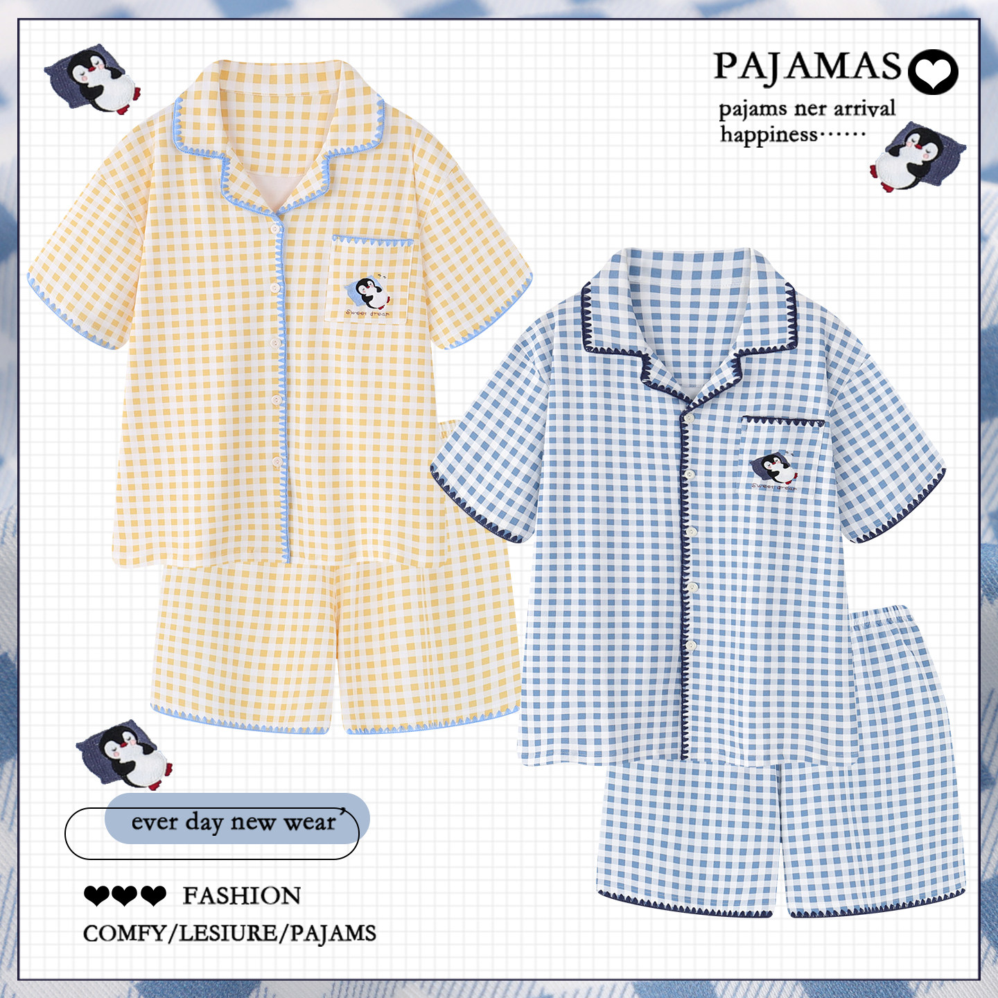 卡通格子纯棉睡衣情侣装一男一女夏季薄款短袖全棉家居服套装夏天