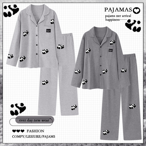华夫格纯棉睡衣情侣装一男一女春秋款长袖卡通熊猫家居服套装冬天