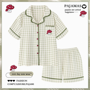 短袖 薄款 100棉学生家居服两件套夏天 格子纯棉睡衣女夏季 2026新款