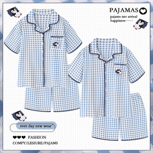 可外穿卡通格子100棉男士 情侣睡衣女夏季 纯棉薄款 短袖 家居服套装