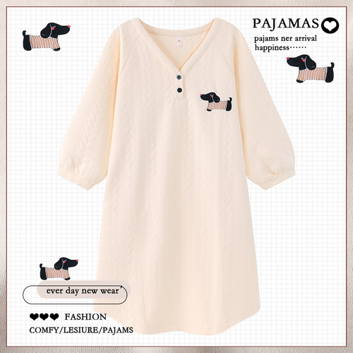 2025新款日系ins空气棉长袖睡裙女秋冬季加厚保暖夹层睡衣家居服