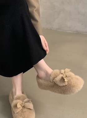2025秋冬季新款毛毛鞋子女一脚蹬晚晚毛绒外穿加绒豆豆鞋孕妇平底