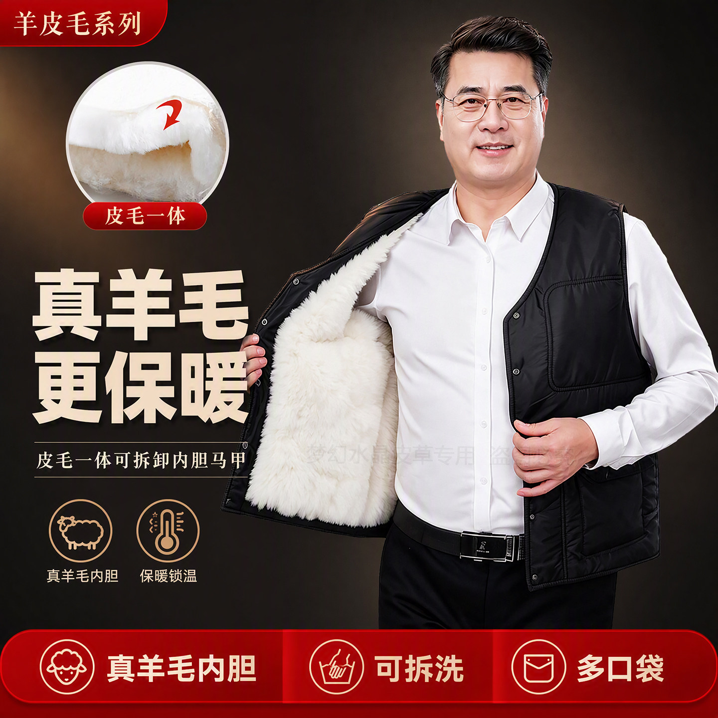 冬季中老年男真羊皮皮毛一体马甲