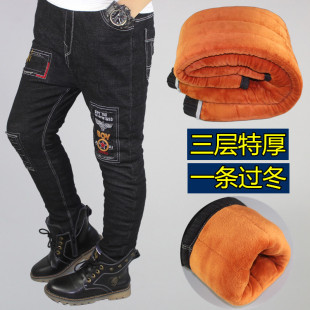 冬装男童加绒加厚牛仔裤秋冬新款中大童男孩高腰儿童保暖棉裤外穿