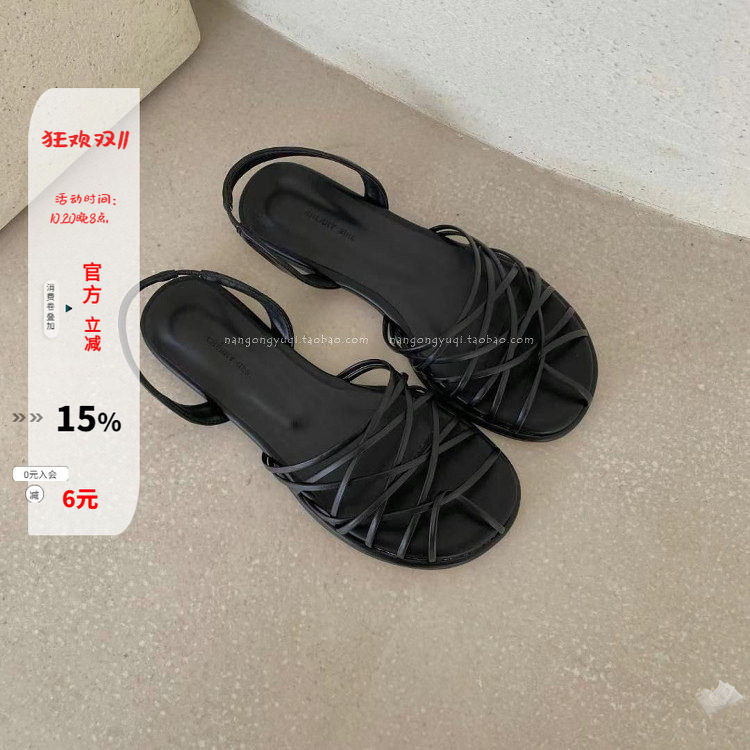 复古编织细带圆头包头罗马凉鞋女