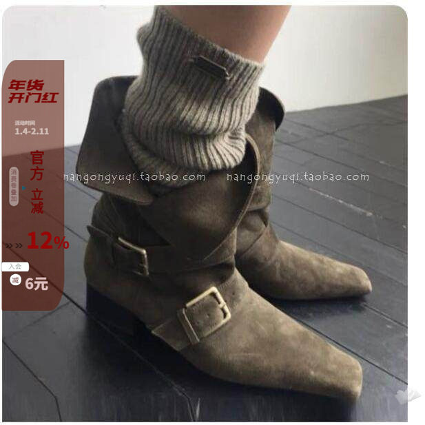 现韩国东大门女鞋秋新款法式复古高级感方头鹿皮绒皮带扣两穿短靴,女鞋,西部靴,淘宝优惠券,粉丝福利购,淘宝优惠卷