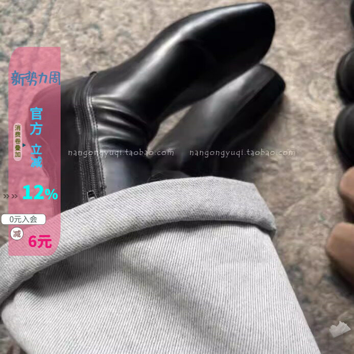 简约斜切方头侧拉链平底瘦瘦靴
