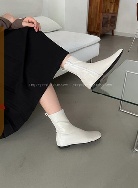 现韩国东大门女鞋22秋简约软面皮弹力瘦瘦靴奶白侧拉链短靴小黑靴