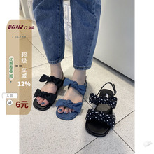 现韩国东大门代购23夏chic甜美公主蝴蝶结牛仔布波点平底露趾凉鞋