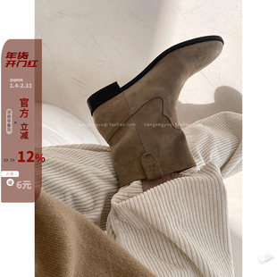 现韩国东大门代购2023秋新chic复古休闲磨砂绒面低跟西部靴短靴子