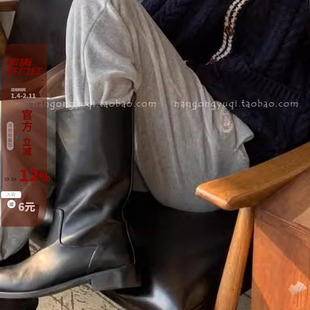 现韩国东大门代购24秋chic英伦休闲圆头低跟套筒黑靴中筒靴骑士靴