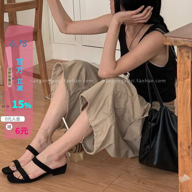 宽带露趾小方跟纯色一字拖凉