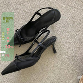简约尖头蝴蝶结网纱后绊带猫跟凉 ins法式 韩国东大门女鞋 25夏新款