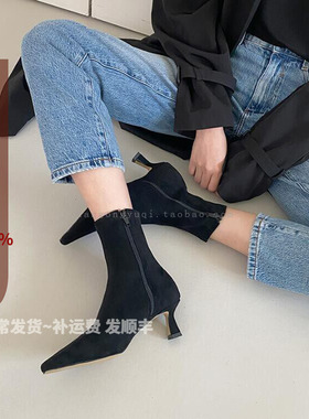 现韩国东大门女鞋22秋新款ins气质通勒小猫跟侧拉链弹力瘦瘦短靴