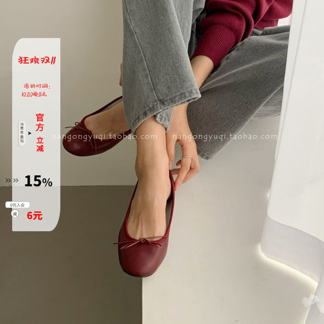 哑光红圆头蝴蝶结平底小飘鞋