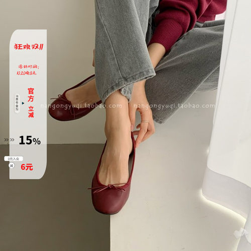 哑光红圆头蝴蝶结平底小飘鞋