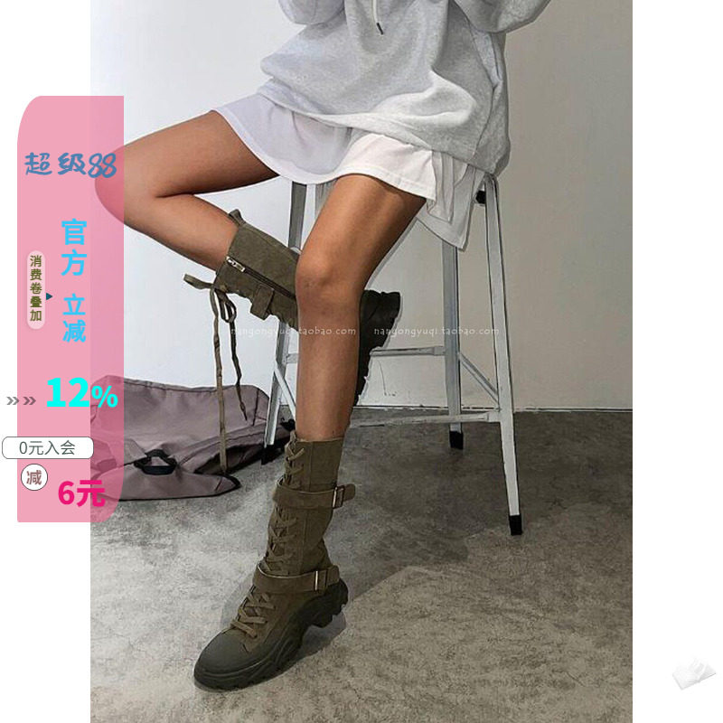 帆布拼接皮带扣绑带马丁靴机车靴