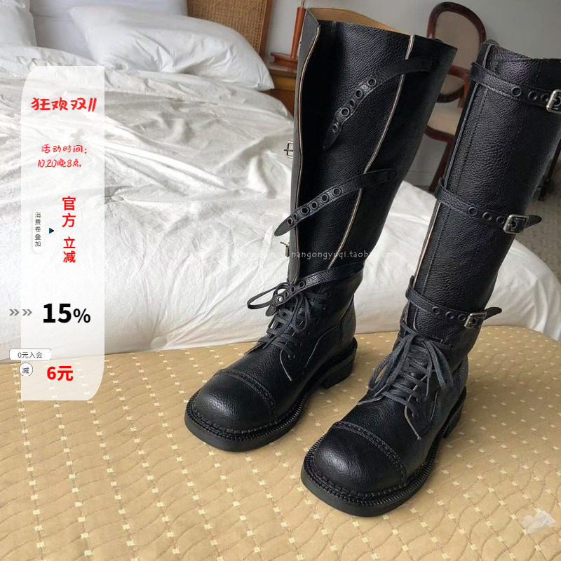 可调节绑带高筒靴骑士靴