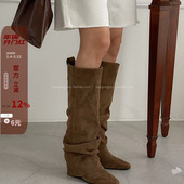 慵懒风坡跟尖头绒面褶皱堆堆裤 韩国东大门女鞋 25秋新法式 靴高筒靴